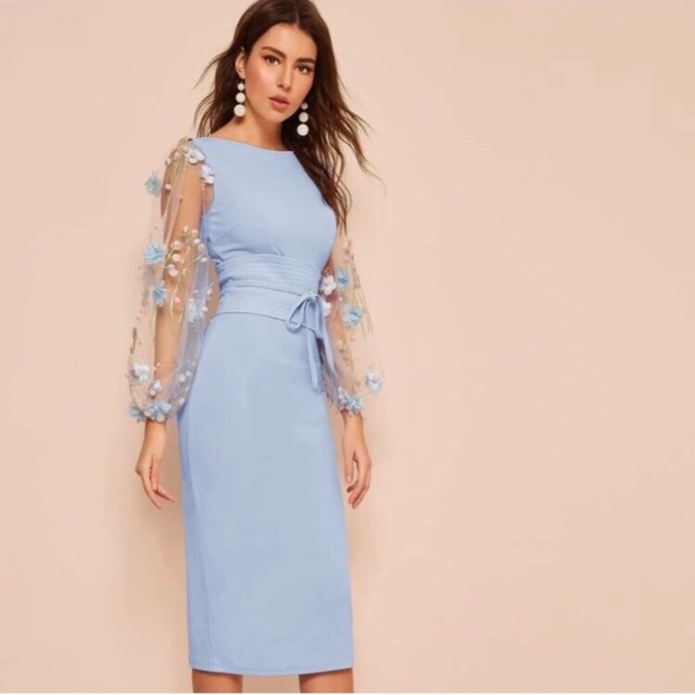 New Floral Sheer Puffy Sleeve Spring Dress - Picture 4 of 8